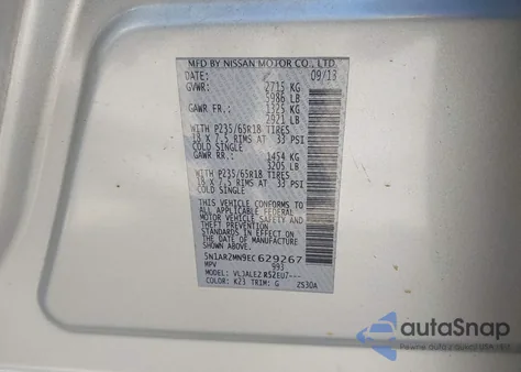 2014 Nissan Pathfinder Sv z USA, uszkodzony, nr VIN 5N1AR2MN9EC629267